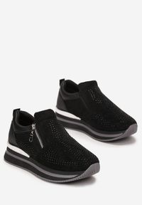 Born2be - Czarne Sneakersy na Platformie z Suwakami i Cyrkoniami Difera. Kolor: czarny. Szerokość cholewki: normalna. Obcas: na platformie #3