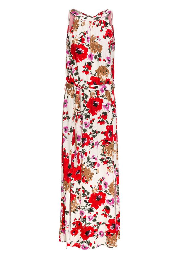 Długa sukienka w kwiaty bonprix kremowo-czerwony w kwiaty. Kolor: beżowy. Wzór: kwiaty. Długość: maxi