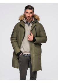 Ombre Clothing - Męska ocieplana kurtka alaska z kieszeniami i rozpinanym dołem – ciemnooliwkowa V3 - Rozmiar: XL. Typ kołnierza: kaptur. Kolor: oliwkowy. Materiał: syntetyk, materiał. Długość: długie. Wzór: moro. Styl: militarny #1