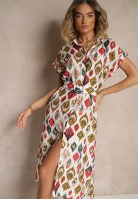 Renee - Beżowo-Zielona Sukienka z Wiskozą o Koszulowym Kroju z Paskiem z Klamrą w Etno Print Jenavianea. Okazja: na co dzień. Kolor: pomarańczowy. Materiał: wiskoza. Długość rękawa: krótki rękaw. Wzór: nadruk. Typ sukienki: koszulowe. Styl: etno #3