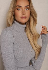 Renee - Szara Prążkowana Sukienka o Dopasowanym Kroju z Golfem Linarielle. Okazja: na spotkanie biznesowe, na co dzień. Typ kołnierza: golf. Kolor: szary. Materiał: prążkowany. Długość rękawa: długi rękaw. Typ sukienki: dopasowane. Styl: casual, biznesowy #5