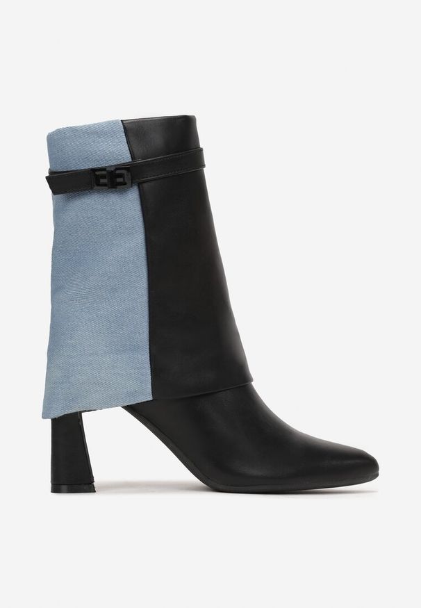 Renee - Czarne Botki na Słupku z Ekoskóry i Jeansu Acenda. Kolor: czarny. Materiał: jeans. Obcas: na słupku