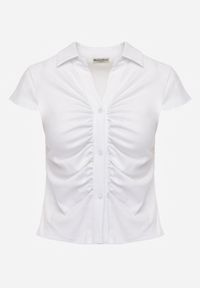 Renee - Biała Taliowana Koszula z Bawełnianej Dzianiny z Marszczeniem Sonona. Kolor: biały. Materiał: bawełna, dzianina. Styl: elegancki, klasyczny #3
