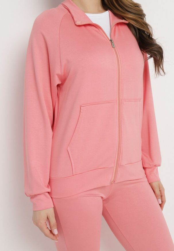 Born2be - Różowy Bawełniany Komplet Dresowy Rozpinana Bluza z Golfem i Elastyczne Spodnie Kanaspa. Kolor: różowy. Materiał: dresówka, bawełna. Sport: golf