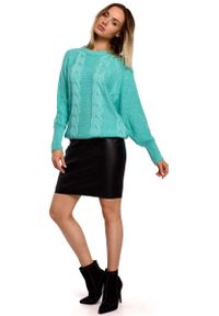 MOE - Sweter w Warkocze ze Ściągaczami - Seledynowy. Kolor: zielony. Materiał: poliamid, akryl