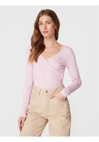 Tommy Jeans Bluzka Crop Rib Wrap Ruching DW0DW14326 Różowy Slim Fit. Kolor: różowy. Materiał: wiskoza