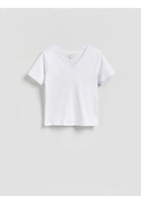 Reserved - Gładki t-shirt - biały. Kolor: biały. Materiał: dzianina, bawełna. Wzór: gładki #1
