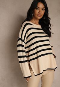Renee - Kremowo-Czarny Sweter Oversize w Paski Kalitusa. Okazja: na co dzień. Kolor: czarny. Materiał: jeans. Wzór: paski. Styl: casual #2