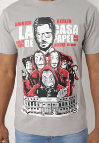 Born2be - Szary Klasyczny T-shirt z Bawełny z Dużym Nadrukiem Gunelia. Okazja: na co dzień. Kolor: szary. Materiał: bawełna. Wzór: nadruk. Styl: klasyczny #5