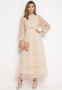 Born2be - Beżowa Rozkloszowana Sukienka Maxi z Przezroczystszego Tiulu Ozdobiona Koronką Lanessa. Kolor: beżowy. Materiał: tiul, koronka. Wzór: koronka, aplikacja. Długość: maxi #4