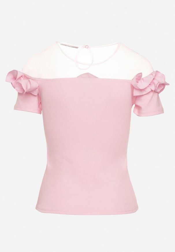 Born2be - Różowa Bawełniana Bluzka z Krótkim Rękawem i Siateczkową Wstawką Ozdobiona Falbanką Lelalia. Kolor: różowy. Materiał: bawełna. Długość rękawa: krótki rękaw. Długość: krótkie. Wzór: aplikacja. Styl: elegancki
