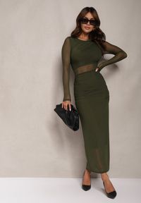 Renee - Ciemnozielona Siateczkowa Sukienka Maxi o Dopasowanym Kroju Kremse. Okazja: na imprezę. Kolor: zielony. Materiał: materiał. Typ sukienki: dopasowane. Styl: elegancki. Długość: maxi #3