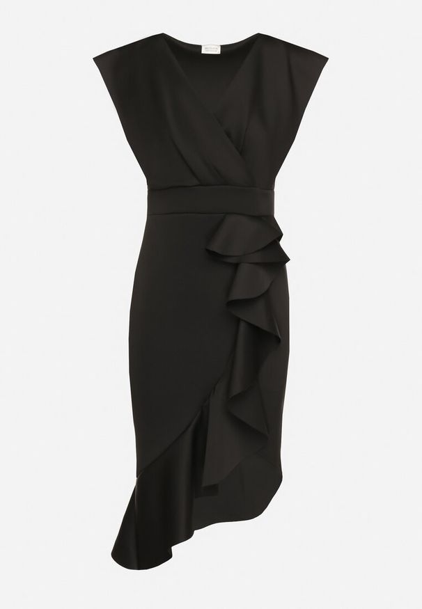 Born2be - Czarna Sukienka z Kopertowym Dekoltem o Dopasowanym Fasonie z Falbanką Seratella. Typ kołnierza: dekolt kopertowy. Kolor: czarny. Typ sukienki: kopertowe