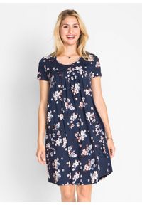 bonprix - Krótka sukienka z dżerseju, z miękkiej mieszanki wiskozy. Kolor: niebieski. Materiał: jersey, wiskoza. Długość rękawa: krótki rękaw. Wzór: nadruk. Sezon: lato. Długość: mini #1