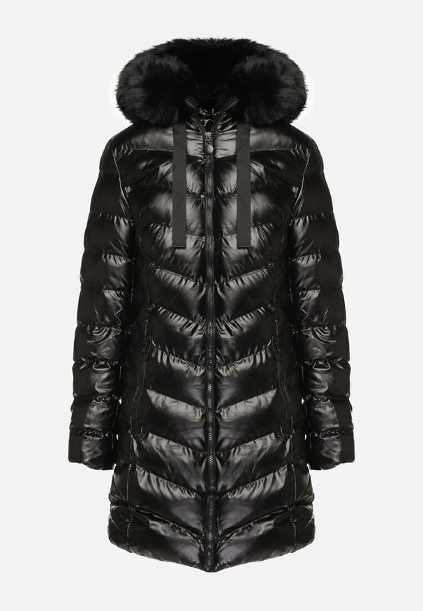 Born2be - Czarna Długa Pikowana Kurtka z Odpinanym Futerkiem i Sznurkami Rinnarae. Okazja: na spacer, na co dzień. Typ kołnierza: kaptur. Kolor: czarny. Materiał: futro. Długość: długie. Styl: elegancki, casual