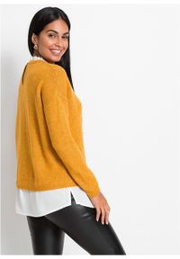 Sweter ażurowy z koszulową wstawką bonprix ciemnożółty. Kolor: żółty. Wzór: ażurowy #6