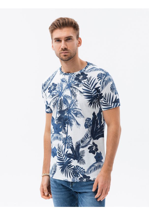 Niebieski t-shirt Ombre Clothing klasyczny, z nadrukiem