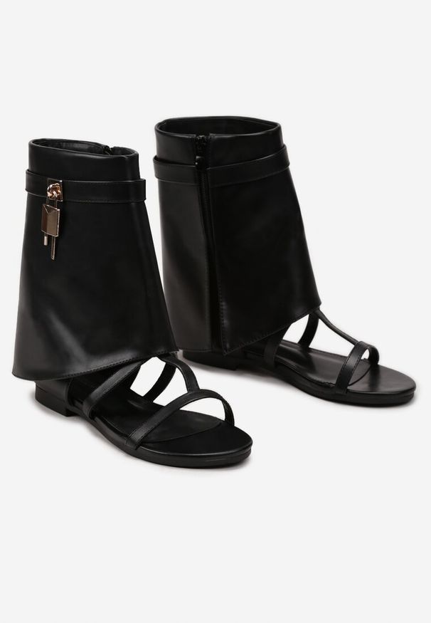 Renee - Czarne Płaskie Sandały z Wywiniętą Cholewką z Zawieszką Feranitta. Kolor: czarny