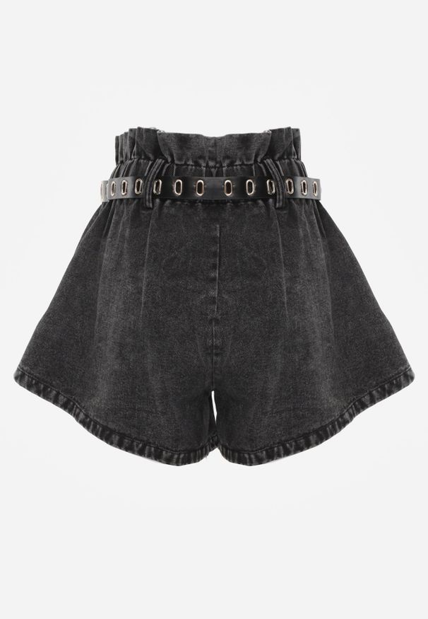 Renee - Czarne Jeansowe Szorty z Gumką w Pasie i Paskiem z Imitacji Skóry Alyssania. Okazja: na co dzień. Kolor: czarny. Materiał: jeans, skóra. Sezon: lato. Styl: casual, sportowy
