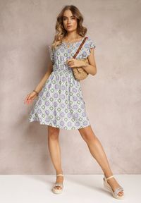 Renee - Zielono-Fioletowa Bawełniana Sukienka Mini w Mozaikowy Wzór z Gumką w Talii Fiyona. Kolor: zielony. Materiał: bawełna. Długość: mini #4