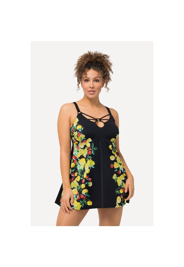 ULLA POPKEN - Damska Sukienka Kąpielowa cytryny miękkie miseczki fiszbiny. Kolekcja: plus size. Kolor: czarny. Materiał: elastan, poliamid, materiał