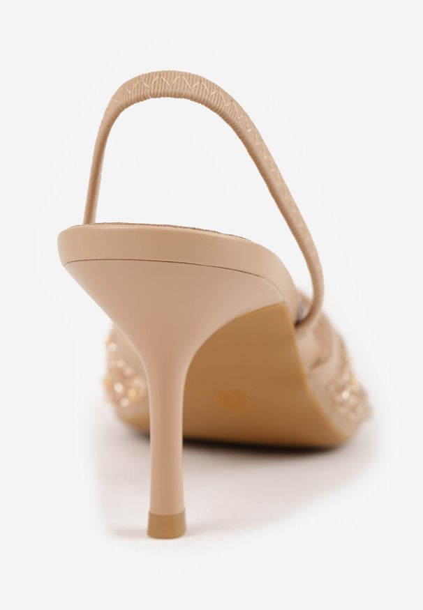 Renee - Ciemnobeżowe Cekinowe Czółenka VICES Slingback na Szpilce z Noskiem w Szpic Ozdobione Perłami i Koralikami Kleomene. Kolor: beżowy. Materiał: jeans. Wzór: aplikacja. Obcas: na szpilce. Styl: elegancki