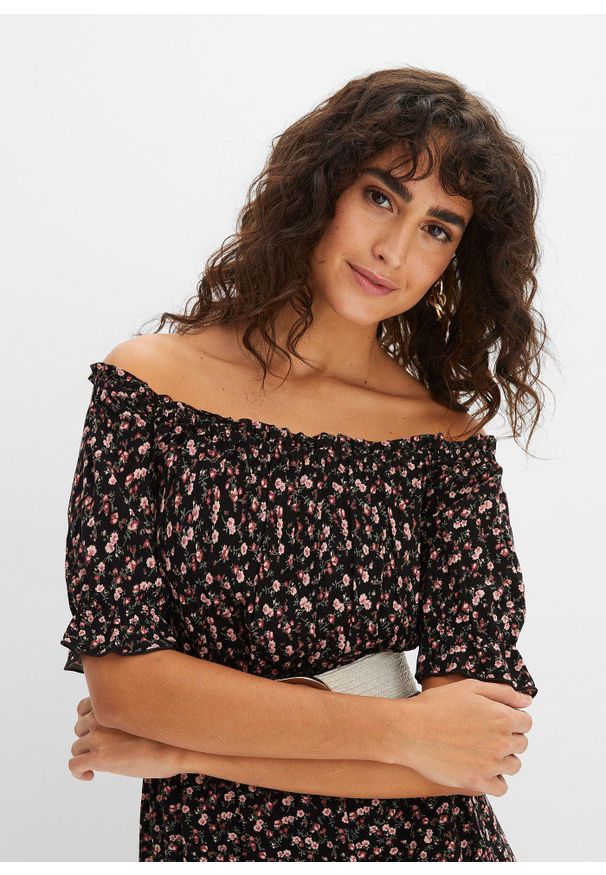 bonprix - Długa sukienka z czystej wiskozy. Kolor: czarny. Materiał: wiskoza. Wzór: nadruk. Typ sukienki: z odkrytymi ramionami. Długość: maxi