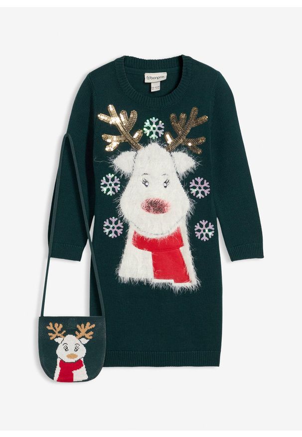 bonprix - Sukienka dzianinowa z torebką (komplet 2-cz.). Kolekcja: plus size. Kolor: zielony. Materiał: dzianina. Styl: wizytowy