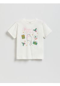 Reserved - Świąteczny t-shirt z nadrukiem - złamana biel. Materiał: bawełna. Wzór: nadruk. Styl: wizytowy #1