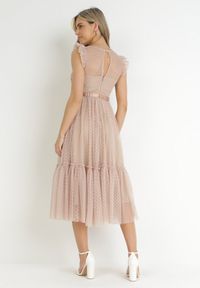 Born2be - Beżowa Koktajlowa Sukienka z Koronkową Górą i Tiulowym Dołem Sleda. Kolor: beżowy. Materiał: tiul, koronka. Styl: wizytowy #5