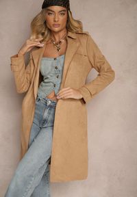 Renee - Beżowy Płaszcz Usinlenne. Okazja: na co dzień. Kolor: beżowy. Długość rękawa: długi rękaw. Długość: długie. Styl: casual