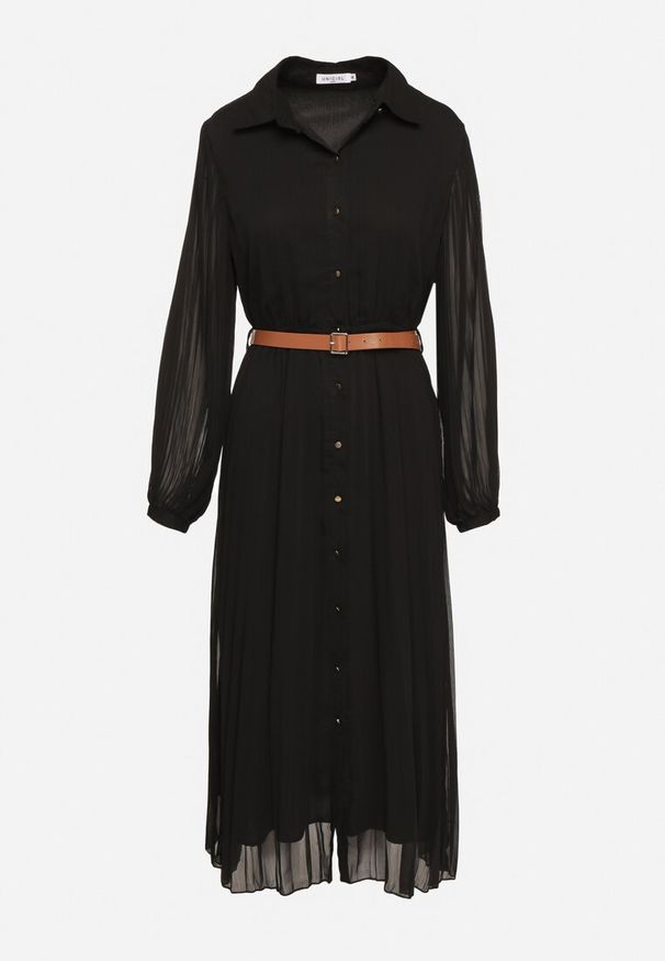 Born2be - Czarna Plisowana Sukienka o Koszulowym Kroju z Dodatkowym Paskiem Mialessa. Okazja: na co dzień. Kolor: czarny. Materiał: materiał. Typ sukienki: koszulowe. Styl: elegancki, klasyczny, casual