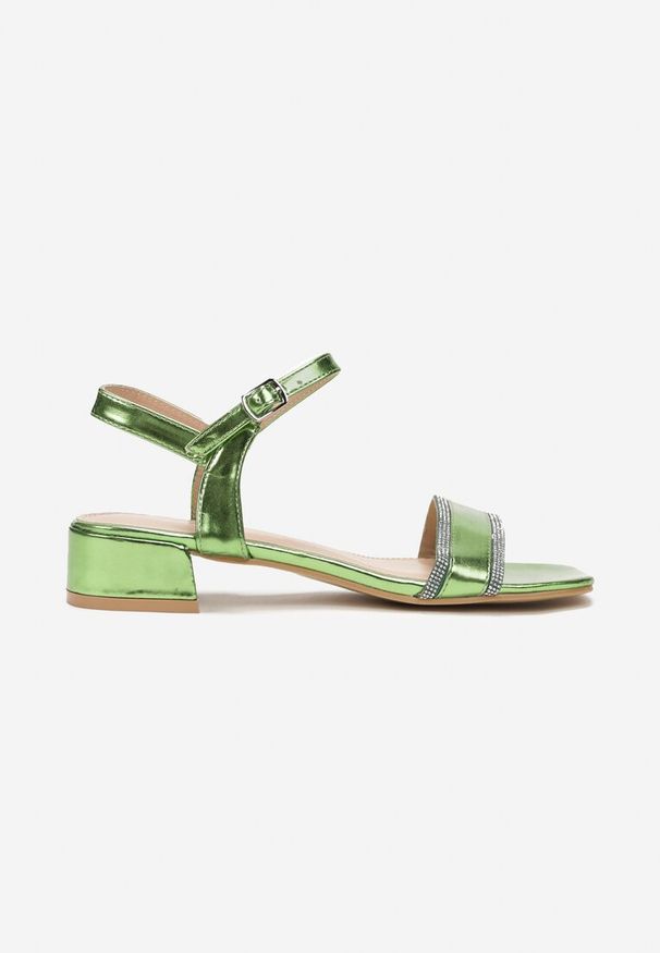 Born2be - Zielone Sandały na Niskim Słupku z Cyrkoniami Neomena. Okazja: na co dzień. Kolor: zielony. Obcas: na słupku. Styl: elegancki, casual