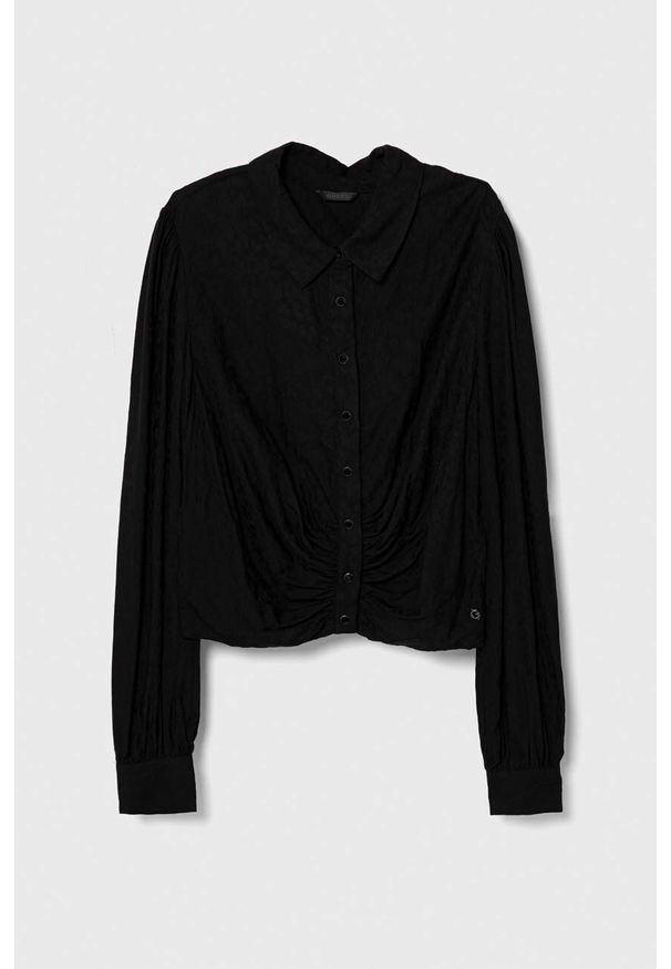 Guess koszula damska kolor czarny regular z kołnierzykiem klasycznym. Typ kołnierza: kołnierzyk klasyczny. Kolor: czarny. Materiał: tkanina. Długość rękawa: długi rękaw. Długość: długie. Styl: klasyczny