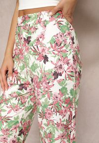 Renee - Różowo-Białe Spodnie w Kwiatowy Print High Waist z Szeroką Nogawką Lastaria. Stan: podwyższony. Kolor: różowy. Materiał: tkanina. Wzór: kwiaty, nadruk #5