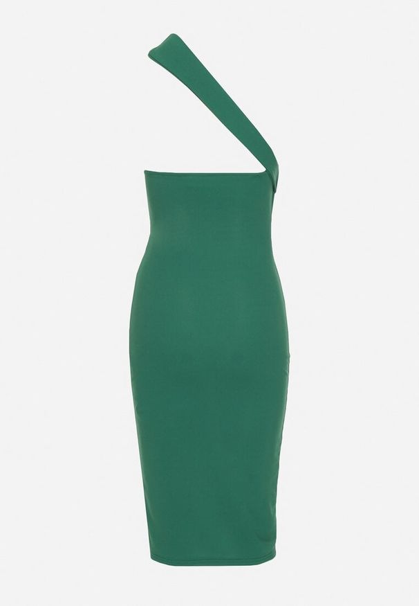 Born2be - Zielona Dopasowana Sukienka z Asymetrycznym Dekoltem i Rozcięciem na Nogę Ersenllia. Okazja: na imprezę. Kolor: zielony. Typ sukienki: asymetryczne. Styl: elegancki, wizytowy
