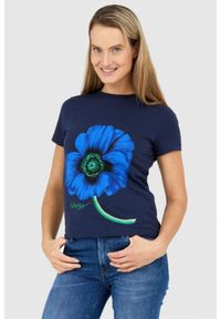 Kenzo - KENZO Granatowy t-shirt damski z niebieskim makiem, Rozmiar S. Kolor: niebieski #1