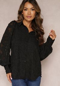Renee - Czarna Koszula z Bufiastymi Rękawami i Tkaniny Plumeti Nuberta. Kolor: czarny. Materiał: tkanina #4