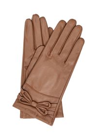 Ochnik - Skórzane brązowe rękawiczki damskie z kokardą. Kolor: brązowy. Materiał: skóra. Wzór: aplikacja. Styl: klasyczny, elegancki