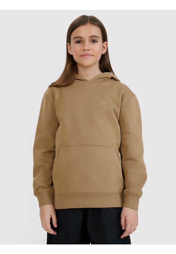 4f - 4F Bluza dresowa nierozpinana z kapturem dziewczęca - beżowa 128 (7-8 lat). Okazja: na co dzień. Typ kołnierza: kaptur. Kolor: beżowy. Materiał: dresówka. Wzór: gładki, ze splotem. Sezon: lato. Styl: casual, sportowy