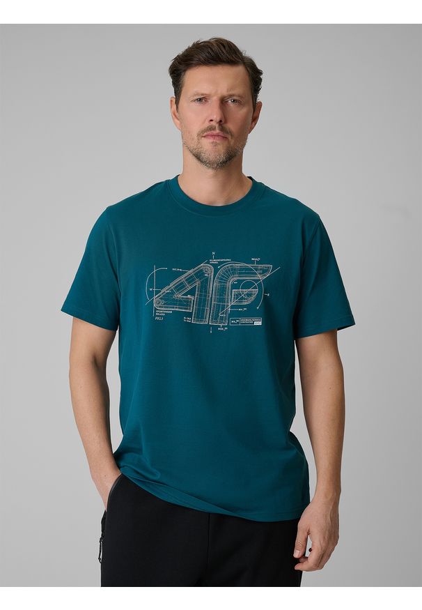 4f - 4F T-shirt regular z nadrukiem męski - turkusowy L. Okazja: na co dzień. Kolor: turkusowy. Materiał: dzianina, bawełna, materiał. Wzór: nadruk. Styl: casual