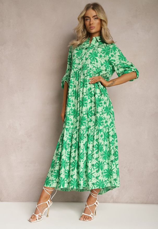 Renee - Zielona Rozkoszowana Sukienka z Koszulową Górą i Wzorem w Kwiaty Nealavin. Okazja: na co dzień. Kolor: zielony. Długość rękawa: długi rękaw. Wzór: kwiaty. Typ sukienki: koszulowe. Styl: casual. Długość: maxi