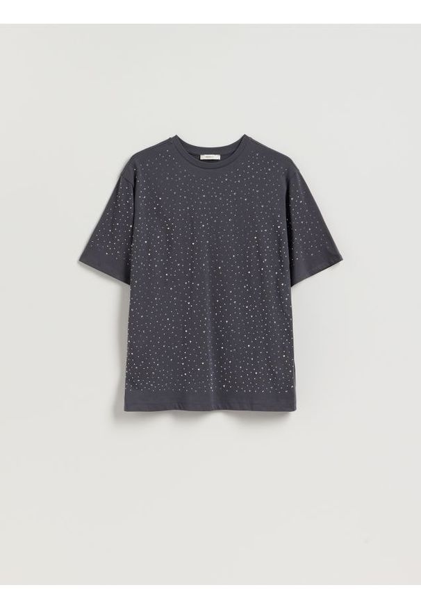 Reserved - T-shirt ze strasem - ciemnoszary. Kolor: szary. Materiał: bawełna