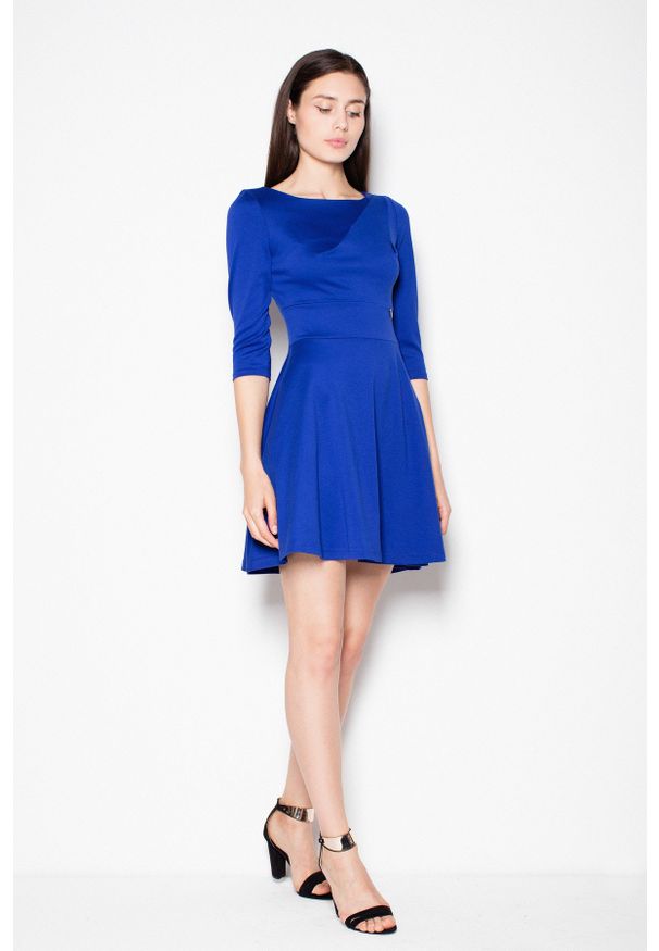 e-margeritka - Rozkloszowana sukienka odcinana w pasie, szafirowa - l. Okazja: na randkę. Kolor: niebieski. Materiał: poliester, elastan, materiał, wiskoza