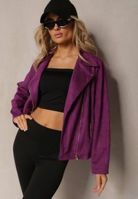 Renee - Fioletowa Asymetryczna Kurtka Ramoneska z Imitacji Zamszu Kmiya. Kolekcja: plus size. Kolor: fioletowy. Materiał: zamsz #4