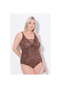 ULLA POPKEN - Damski Kostium kąpielowy wzór w panterkę wiązanie miękkie miseczki. Kolekcja: plus size. Kolor: brązowy. Materiał: poliamid, poliester, materiał, elastan. Wzór: motyw zwierzęcy #1