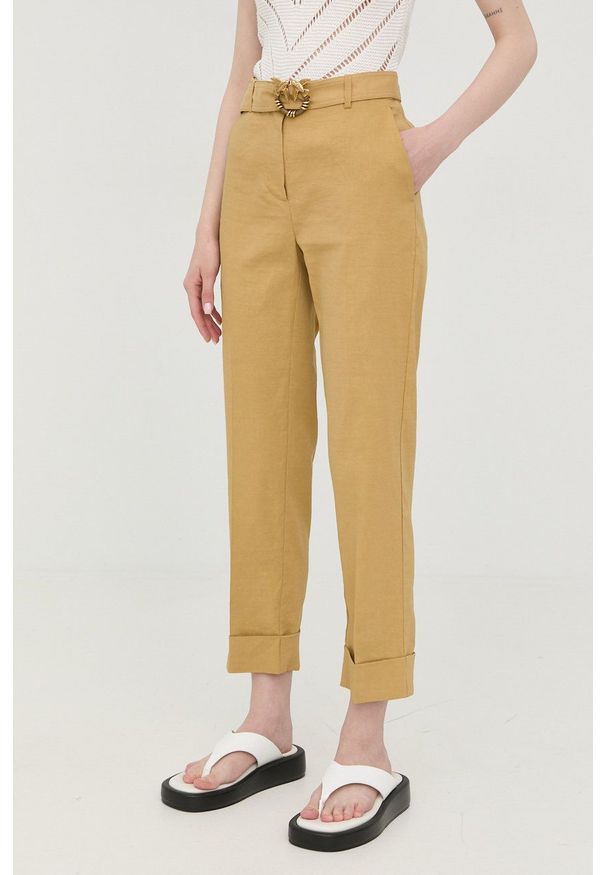 Pinko spodnie lniane damskie kolor żółty proste high waist. Okazja: na co dzień. Stan: podwyższony. Kolor: żółty. Materiał: len. Styl: casual