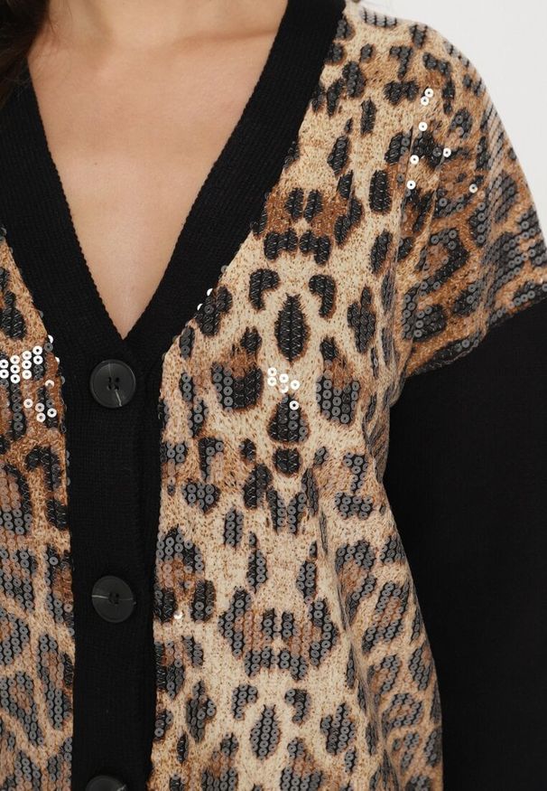 Born2be - Czarno-Beżowy Kardigan z Wiskozą z Panterkowymi Wstawkami z Przezroczystymi Cekinami Attenia. Okazja: na co dzień. Kolor: czarny. Materiał: wiskoza. Styl: casual, klasyczny