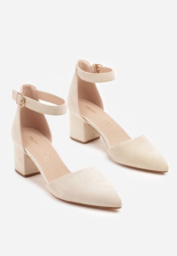 Renee - Beżowe Czółenka na Słupku Vices ze Skórzaną Wkładką i Paskiem przy Kostce Nurilora. Zapięcie: pasek. Kolor: beżowy. Materiał: skóra. Obcas: na słupku. Styl: elegancki. Wysokość obcasa: średni