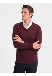 Ombre Clothing - Sweter męski z dekoltem "w serek" z koszulowym kołnierzykiem - bordowy V8 OM-SWSW-0102 - XXL. Typ kołnierza: kołnierzyk koszulowy, dekolt w serek. Kolor: czerwony. Materiał: bawełna, nylon, materiał. Styl: klasyczny #4